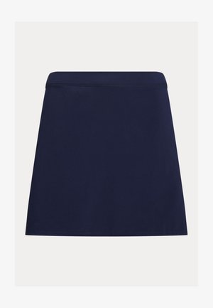 Marineblå A-formet skjørt laget av glatt stoff med flat midjebånd og uten synlige lukninger eller pynt.