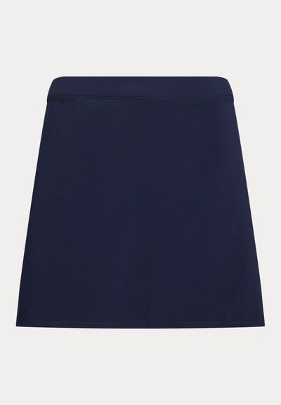 Ναυτικό μπλε, φούστα σε γραμμή Α από ομαλό ύφασμα με επίπεδη μέση και χωρίς ορατές κλεισίματα ή διακοσμητικά.