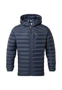Navy puffer jacket with a hood, featuring horizontal quilting, a front zip closure, and a zippered chest pocket. Made from a smooth, lightweight material.