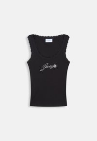 Černý top bez rukávů s krajkovým lemem kolem výstřihu a rukávů. Na přední straně se nachází nápis "Juicy" z kamínků. Měkká, přiléhavá látka.