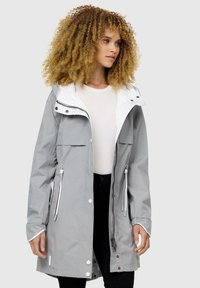 Light gray waterproof jacket with a white hood, zip and snap closures, side pockets, adjustable drawstrings, and a relaxed fit.