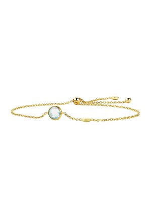Bracciale in catena d'oro con gemma rotonda e sfaccettata di colore azzurro chiaro, fissato con slider regolabili e un design elegante e minimalista.