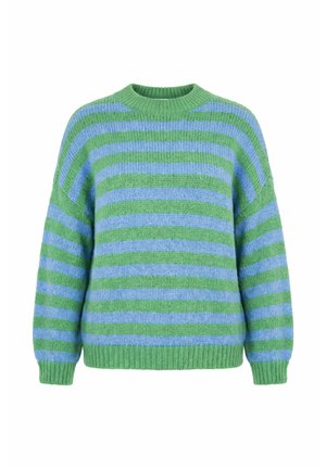Blød strikket sweater med grønne og blå vandrette striber, ribstrikket rund halsudskæring, manchetter og kant, vist på en hvid baggrund.