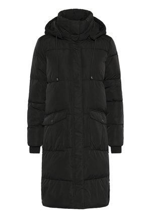 Cappotto imbottito nero con colletto alto e cappuccio regolabile con coulisse. Dotato di due tasche frontali e polsini a coste. Tessuto liscio, lunghezza al ginocchio.