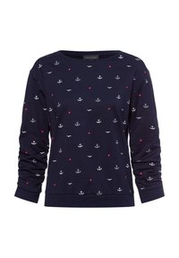 Marineblaues Sweatshirt mit weißen Ankern, roten Herzen und Vögeln in einem verstreuten Muster. Weicher Stoff mit langen Ärmeln und weitem Ausschnitt.