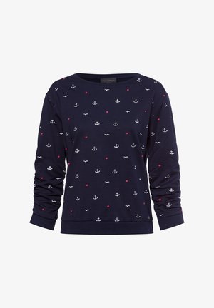 Navy sweatshirt featuring white anchors, red hearts, and birds in a scattered pattern. Soft fabric with long sleeves and a wide neckline.