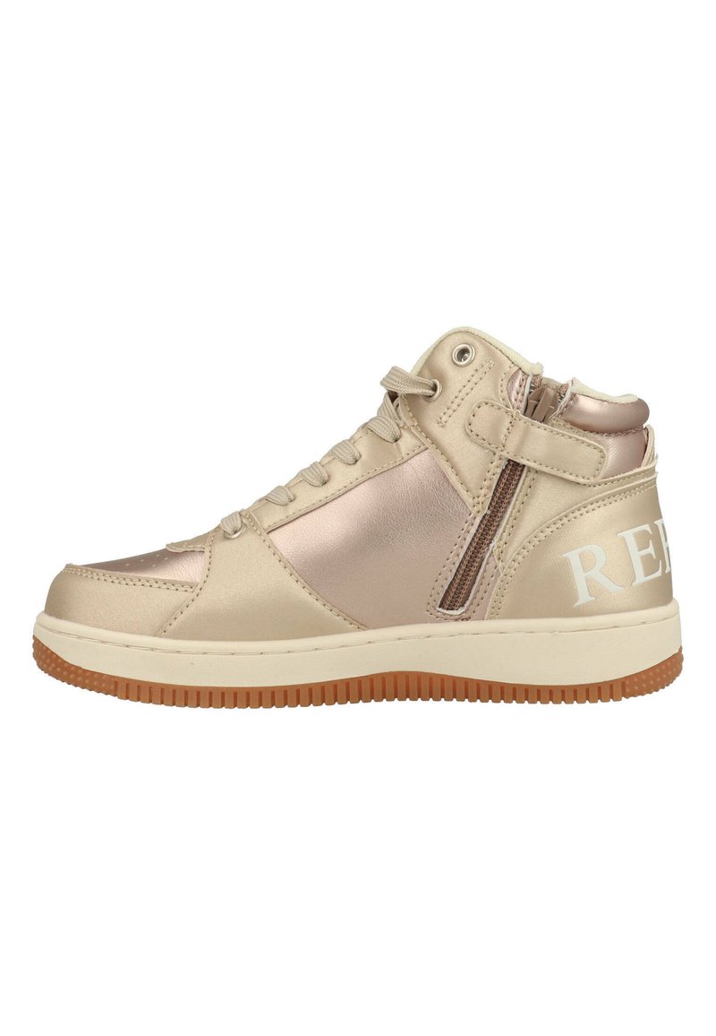 Beige hoge sneakers met metallic accenten, textielstof, vetersluiting aan de voorkant, ritssluiting aan de zijkant en rubberen zool. Witte branding op de hiel.