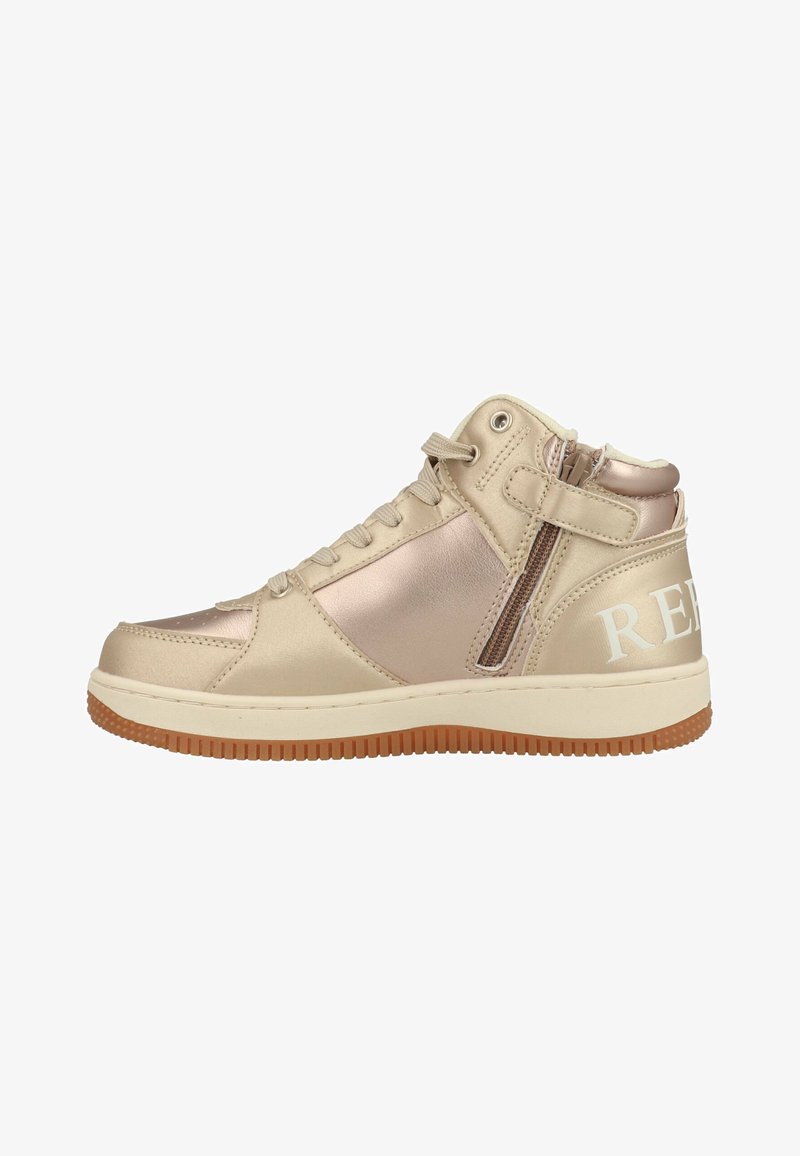 Beige hoge sneakers met metallic accenten, textielstof, vetersluiting aan de voorkant, ritssluiting aan de zijkant en rubberen zool. Witte branding op de hiel.