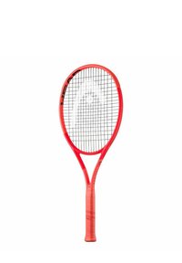Tennissla met een felrode frame, ovale kop en dunne snaren. Ergonomische grip in een lichtere tint rood met textuurdetails.