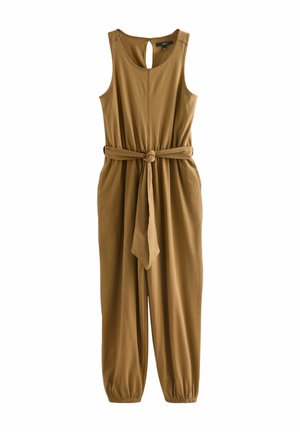 Brun ærmeløs jumpsuit med en nøglehulsvrængning bagpå, indsnævret talje bundet med en knude og rynkede ankler for en afslappet pasform.
