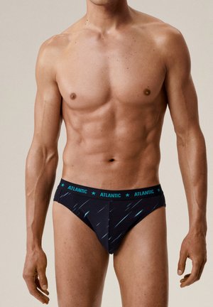 Czarne majtki z turkusowym pasem, na którym znajduje się napis "ATLANTIC" oraz wzór z ukośnych jasnoniebieskich linii. Miękki materiał, dopasowany krój.