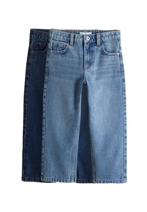 To denimnederdele, en lyseblå og en mørkeblå, vist foldet med forlommer, bæltestropper og en knaplukning.