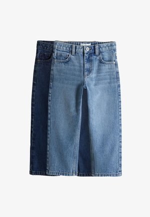 To denimnederdele, en lyseblå og en mørkeblå, vist foldet med forlommer, bæltestropper og en knaplukning.