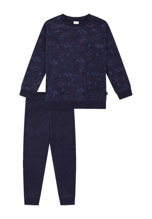 Marineblaue Fleece-Loungewear-Set mit einem langärmeligen Oberteil mit Tier- und Baum-Mustern sowie passenden weichen Hosen mit Knöchelabschlüssen.