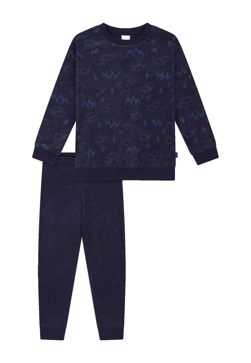Marineblaue Fleece-Loungewear-Set mit einem langärmeligen Oberteil mit Tier- und Baum-Mustern sowie passenden weichen Hosen mit Knöchelabschlüssen.