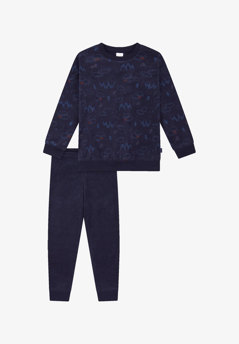 Marineblaue Fleece-Loungewear-Set mit einem langärmeligen Oberteil mit Tier- und Baum-Mustern sowie passenden weichen Hosen mit Knöchelabschlüssen.