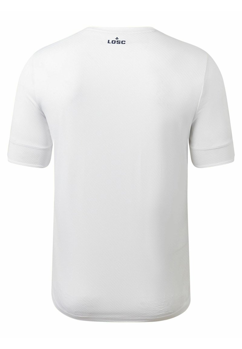 T-shirt de sport blanc à manches courtes avec un col rond, en tissu texturé, et logo "LOSC" en bleu marine au col arrière. Design épuré.