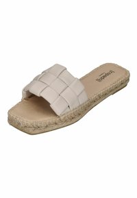 Beige woven slip-on sandal with a wide, textured strap and a natural jute sole. Cushioned footbed for comfort.