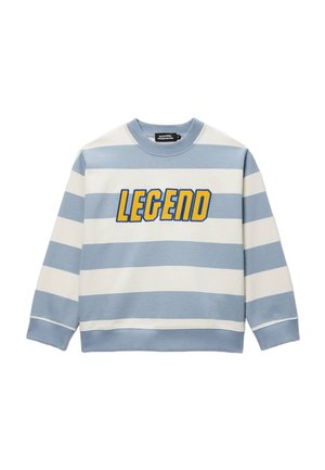 Sweatshirt à rayures horizontales bleues et blanches avec le mot « LEGEND » en grandes lettres jaunes bordées de bleu sur la poitrine.