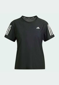 Svart Adidas löpartröja med korta ärmar, vita tre ränder på ärmarna och liten vit Adidas-logga på vänster bröst.