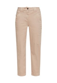 Ljust beige byxor i rak modell, tillverkade av mjukt tyg. Funktioner inkluderar framfickor och en sidoficka för extra förvaring.