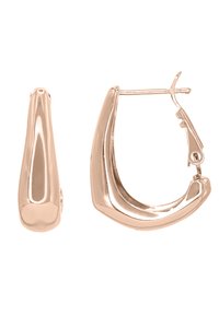 Roségoldene Creolen mit einem eleganten, geschwungenen Design, das eine glatte, polierte Oberfläche und einen sicheren Klappverschluss aufweist.