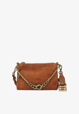 Sac bandoulière en daim marron avec détail chaîne dorée et sangle en cuir réglable, fermeture éclair, et logo discret embossé à l'avant.