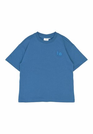 Blue cotton T-shirt with short sleeves, a round neckline, and a small embroidered logo on the left chest. Smooth texture.