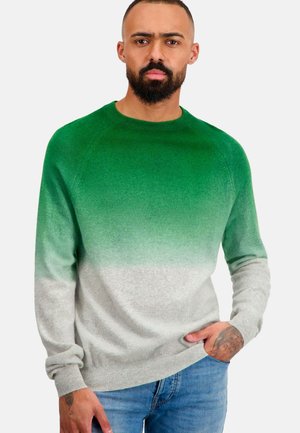 Grüner abgestufter Pullover aus weichem Strick mit Rundhalsausschnitt und gerippten Bündchen, der von Dunkelgrün bis hellgrau am Saum übergeht.