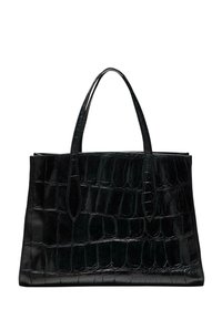 Borsa a tracolla nera in pelle con texture di coccodrillo, forma rettangolare, doppio manico e finitura liscia e lucida.