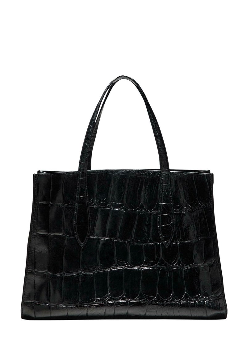 Borsa a tracolla nera in pelle con texture di coccodrillo, forma rettangolare, doppio manico e finitura liscia e lucida.
