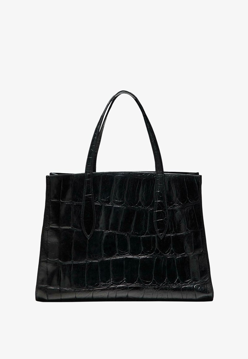 Svart läder tote-väska med krokodilstruktur, rektangulär form, dubbla handtag och en slät, glänsande yta.