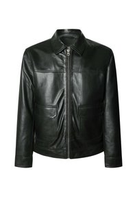 Chaqueta de cuero negro con cierre de cremallera, dos bolsillos delanteros y un cuello a medida. Textura suave con detalles de costura visibles.