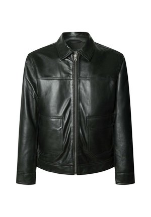 Black leather jacket featuring a zip closure, two front pockets, and a tailored collar. Smooth texture with visible stitching details.