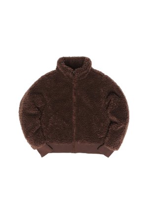 Braune Fleecejacke mit hohem Kragen, Reißverschluss vorne und gerippten Bündchen. Verfügt über eine weiche, texturierte Oberfläche und eine lockere Passform.