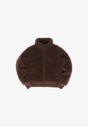 Braune Fleecejacke mit hohem Kragen, Reißverschluss vorne und gerippten Bündchen. Verfügt über eine weiche, texturierte Oberfläche und eine lockere Passform.