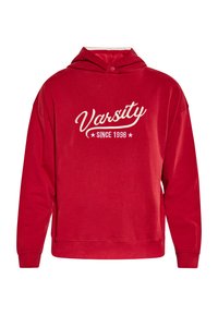 Felpa rossa con cappuccio caratterizzata da testo bianco in script "Varsity" e "Since 1998." Realizzata in tessuto morbido, con un taglio casual e polsini a costine.