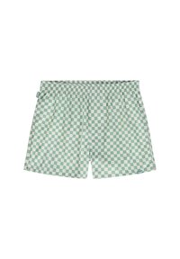 Costume da bagno a quadretti in verde chiaro e bianco, con vita elastica e tessuto morbido. Nessuna tasca o chiusura visibile.