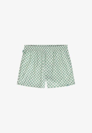 Žaliai baltos languotos maudymosi šortai su elastinga juostos juosta ir lygiu audinio paviršiumi. Matomų kišenių ar užsegimų nėra.