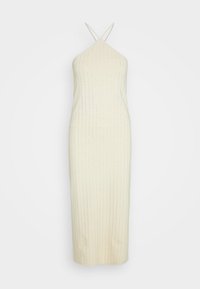Krémové šaty s halter výstřihem, které mají přiléhavý střih, žebrovanou texturu a rovnoměrně rozmístěné perforace. Lehce nositelný materiál.