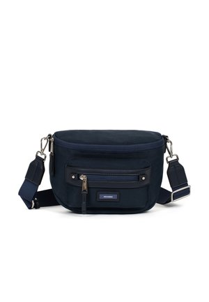 Borsa crossbody blu navy realizzata in tessuto con una forma arrotondata, dotata di una tasca frontale con zip, accessori in argento e una tracolla removibile.