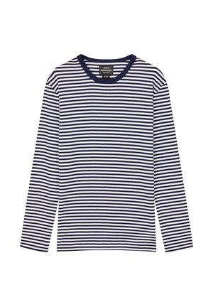 Long-sleeve navy and white horizontal striped shirt with a round navy collar, branded label inside neckline.
