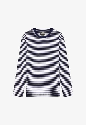Long-sleeve navy and white horizontal striped shirt with a round navy collar, branded label inside neckline.