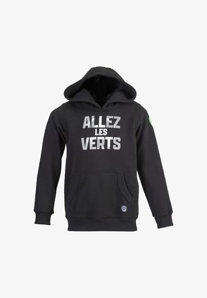 Czarna bluza z kapturem z kieszenią kangurka, z dużym białym napisem "ALLEZ LES VERTS" i małym logo na dolnym, lewym brzegu.