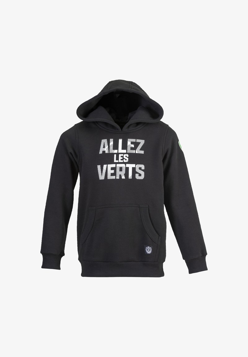 Sort hættetrøje med en kængurulomme, der har "ALLEZ LES VERTS" i store hvide bogstaver og et lille logo på den nederste venstre kant.