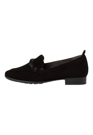 Sorte loafers i ruskind med lav hæl, der har en dekorativ fletdetalje foran og en glat teksturoverflade.