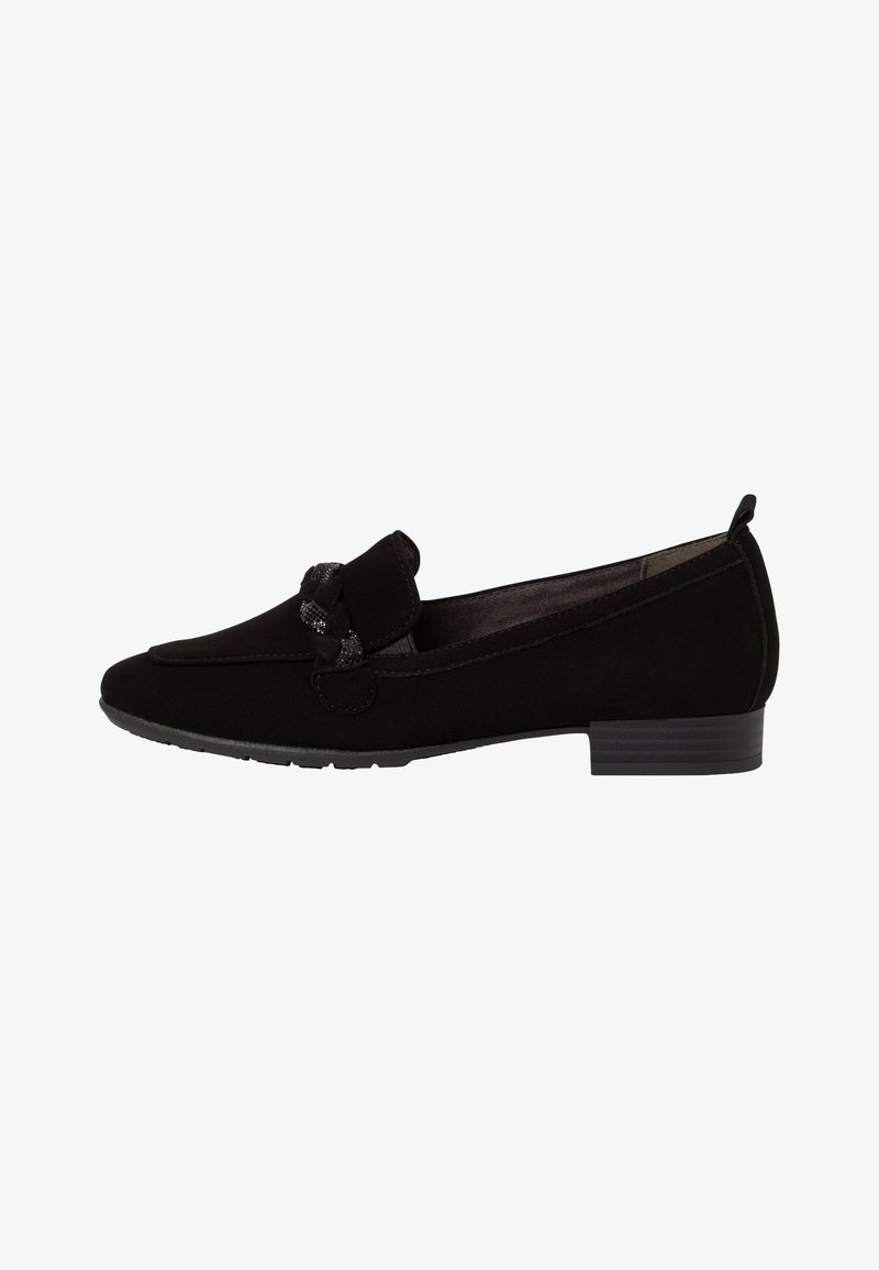 Mocassins en daim noir avec un talon bas, présentant un accent décoratif tressé sur le devant et une finition à texture lisse.