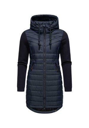 Navy padded coat with a zip front and drawstring hood. Features solid-color sweater sleeves and side pockets, with a quilted texture.