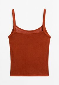 Rippstrick-Top in verbranntem Orange, mit dünnen verstellbaren Trägern und einer figurbetonten Silhouette. Glatte Textur mit einem leicht dehnbaren Stoff.