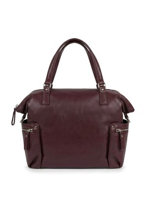 Borsa a mano in pelle bordeaux scuro con due manici, cerniera superiore e tasche laterali con cerniera su sfondo bianco.